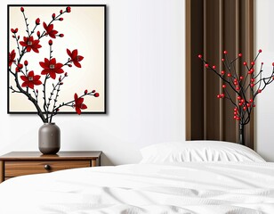 A white bedroom with a red framed painting of a tree