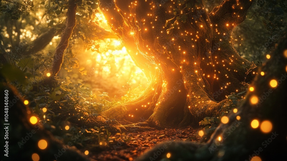 Poster sunset in enchanting forest with magical lights and intertwined branches forming mesmerizing scene. 