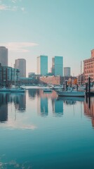 Fototapeta premium Serene City Waterfront View with Calm Waters