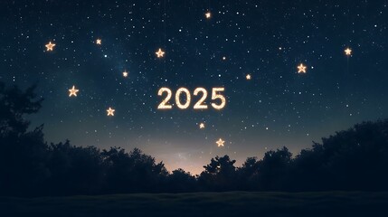 A clear night sky filled with stars, with a glowing 2025 text floating, symbolizing hope and dreams for the new year