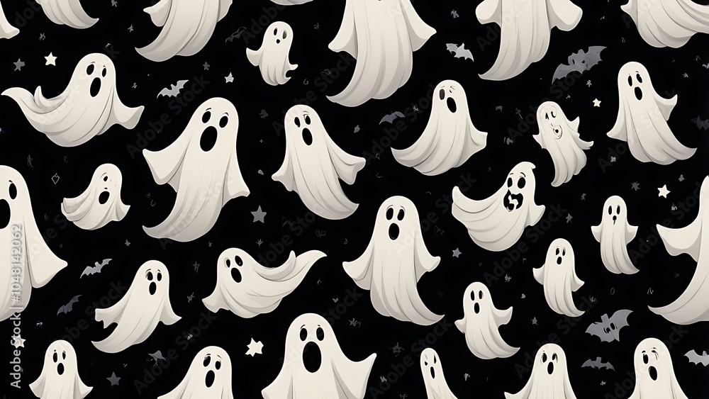 Poster seamless pattern abstract vector halloween theme featuring cartoon style ghosts on a black backgroun