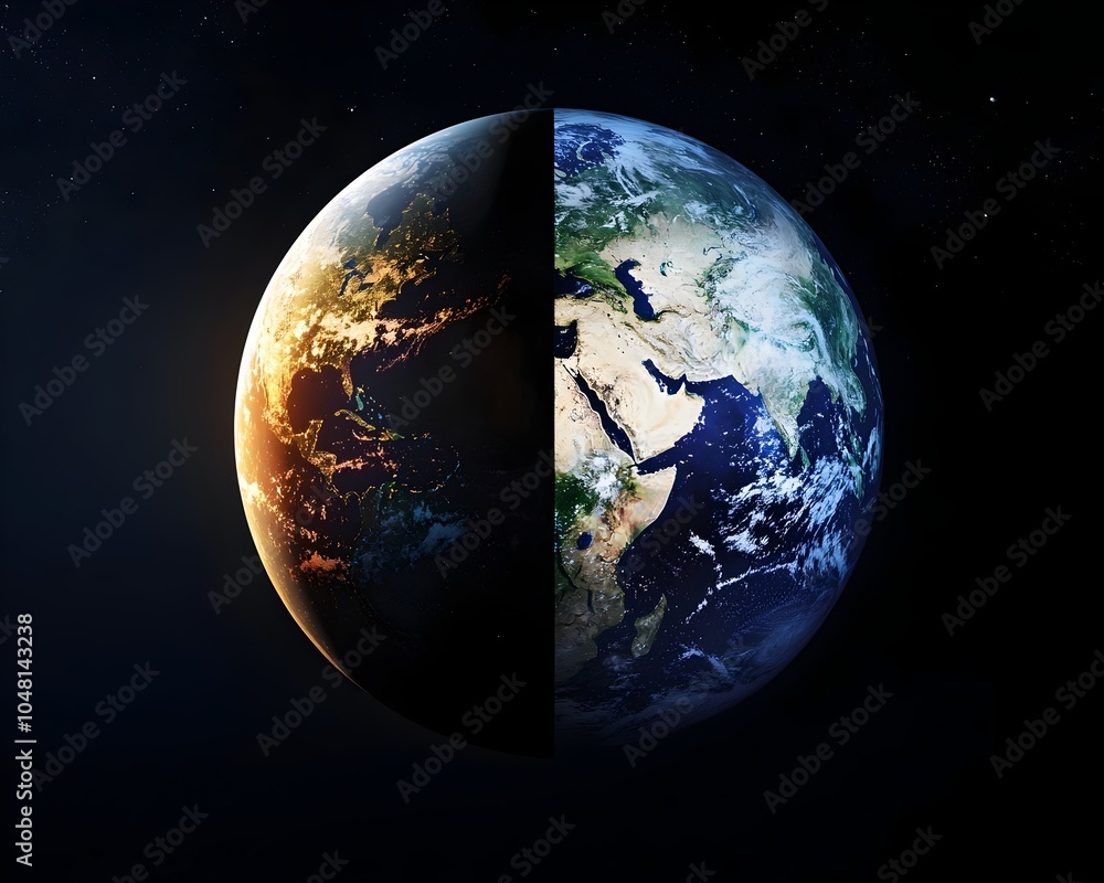 Poster planet earth rotating between day and night symbolizing the perpetual cycle of time and life