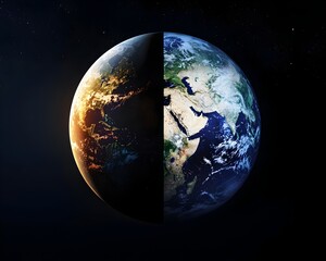 Planet Earth Rotating Between Day and Night Symbolizing the Perpetual Cycle of Time and Life