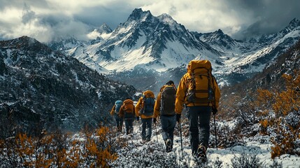 Hiking group navigating snowy landscape mountain peaks towering ultra hd clean sharp focus high detail
