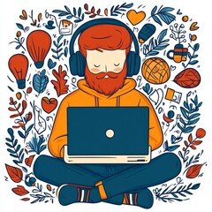 A person with headphones working on a laptop surrounded by creative elements.