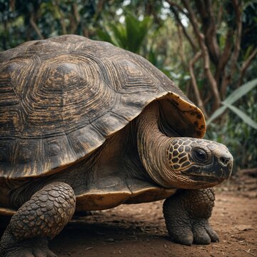 A giant tortoise with intricate patterns on its shell.

