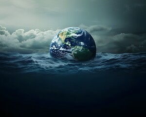 Fototapeta premium Planet Earth Half Submerged in Rising Seas Global Warming Conceptual