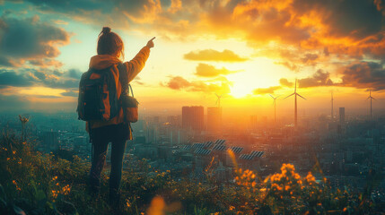 Obraz premium At sunset, a woman points her fingers towards the distant city and wind turbines