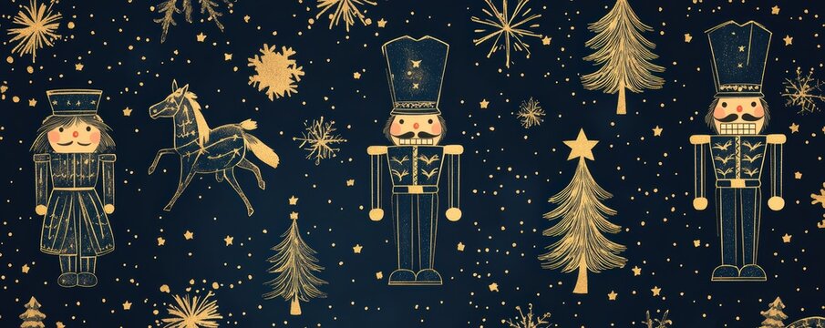 Elegant Christmas pattern with nutcracker soldiers and festive decorations on dark blue background