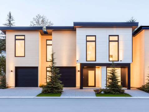 Modern duplex home with sleek design and large windows in a tranquil neighborhood during twilight