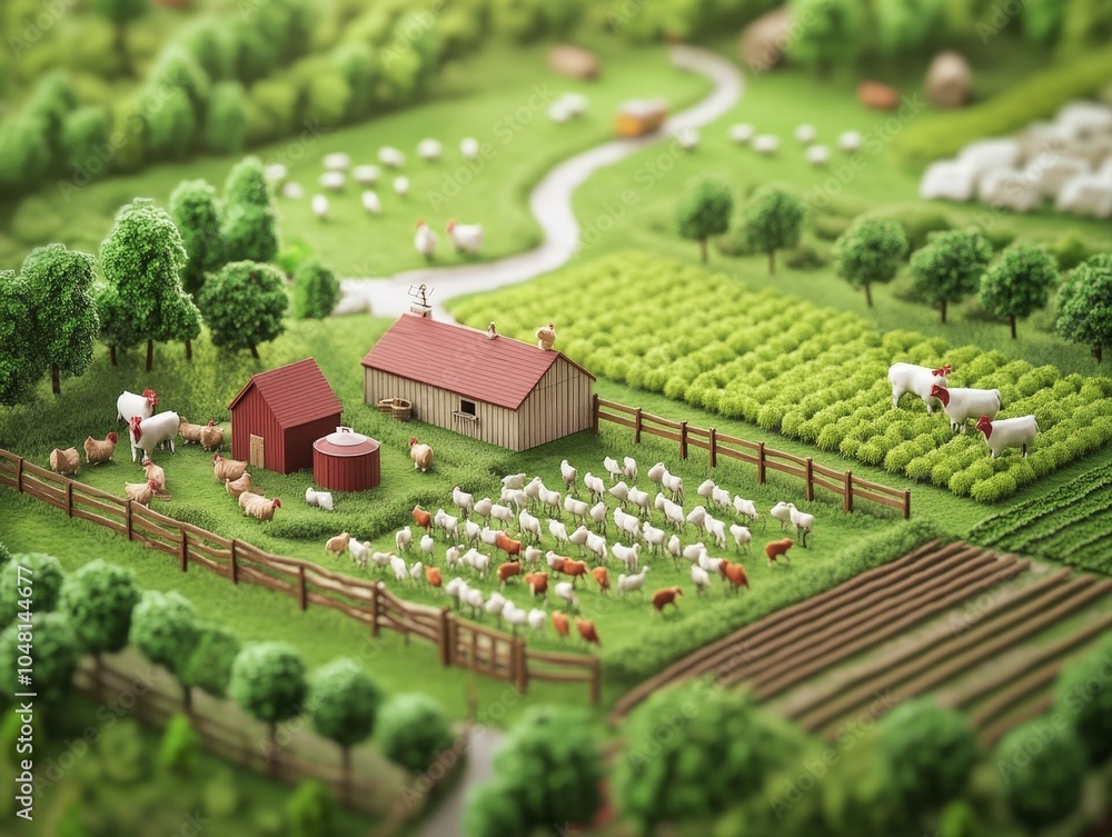 Poster a farm using livestock integration, where chickens and cows rotate through fields to naturally ferti