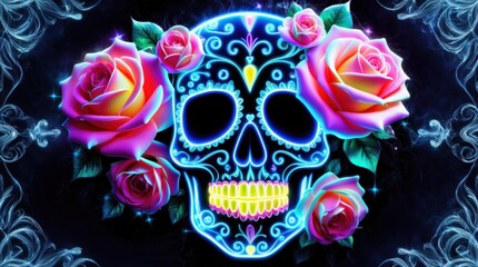 Neon sugar skull adorned with luminous roses, intricate linework on a dark canvas.