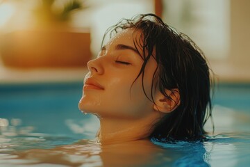Carefree woman with wet hair relaxing in the pool with her eyes closed