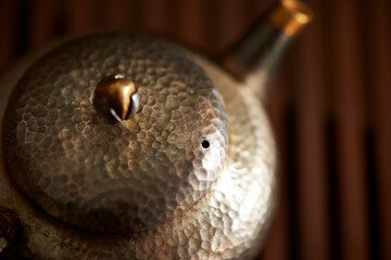 teapot on a table, Silver kettle	