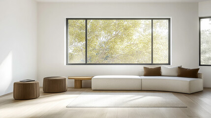 Fototapeta premium Modern minimalist living room with large windows and natural light