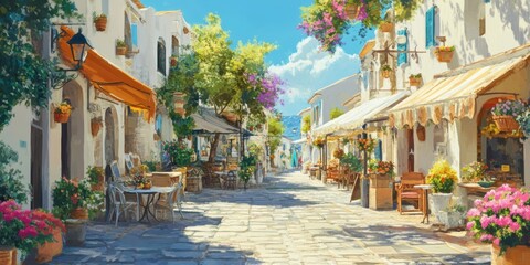Fototapeta premium Cobblestone street, white buildings, flower pots, sunny day.