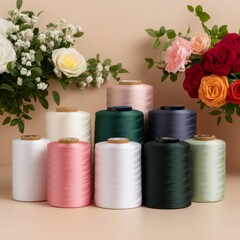 A collection of colorful sewing threads with floral arrangements.