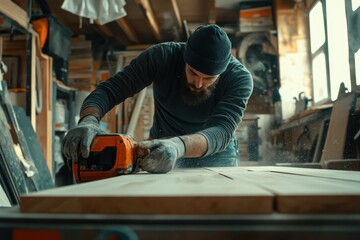 Manual worker cutting plank with electric saw while working on home renovation