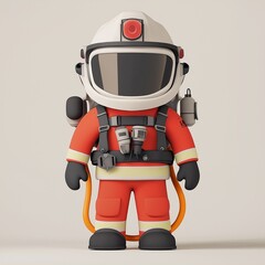 A simple geometric cartoon firefighter character stands confidently with a helmet and gear, ready to respond to emergencies in an imaginative and vibrant setting