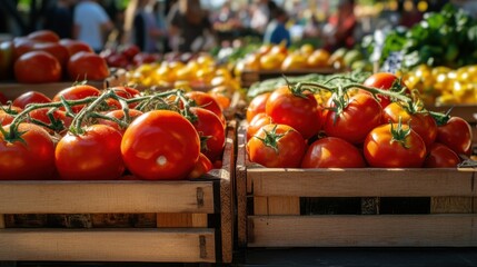 Fresh Red Tomatoes in Wooden Crate at Farmers Market