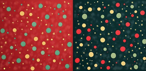 Festive patterns with red and green backgrounds featuring colorful circles and star motifs for holiday and celebration themes