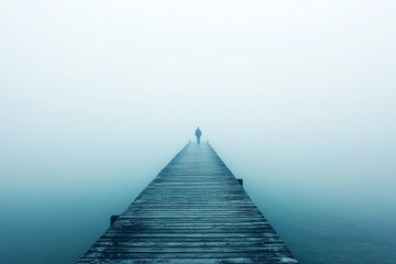 Obraz premium A foggy pier reaching out into the sea, with a single figure at the end, staring into the distance, lost in thought.