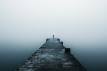Obraz premium A foggy pier reaching out into the sea, with a single figure at the end, staring into the distance, lost in thought.