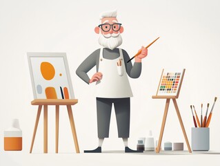 A cheerful cartoon painter stands in a bright art studio holding a clean brush, surrounded by colorful palettes and various art supplies showcasing his creative process