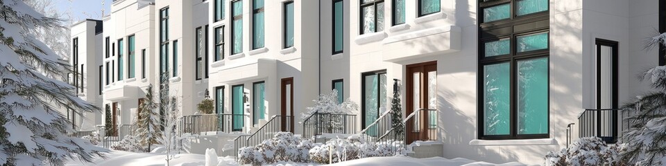 Obraz premium Award-winning townhouses in Snow Valley with white walls and teal windows in sunlight.