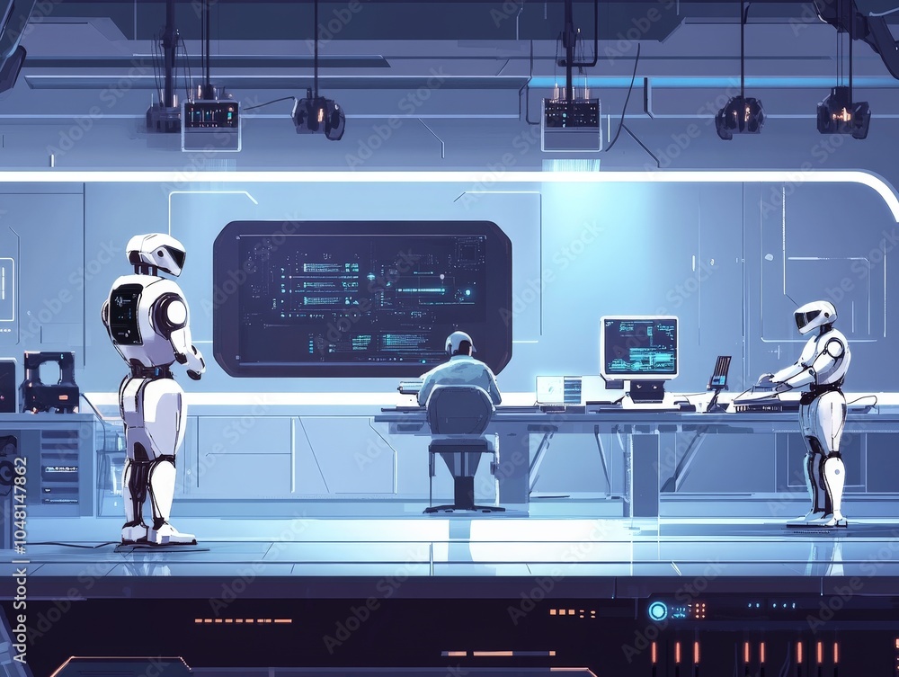 Poster a futuristic ai lab with engineers working on robotic prototypes, testing ai capabilities for indust