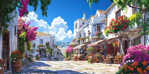 Fototapeta premium Sunny European street with flowers and white buildings.