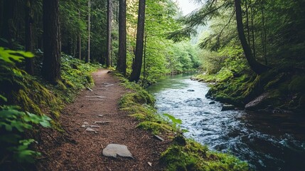 Obraz premium A forest trail leading to a quiet river, with a hiker enjoying the peacefulness of nature without the distraction of a phone.