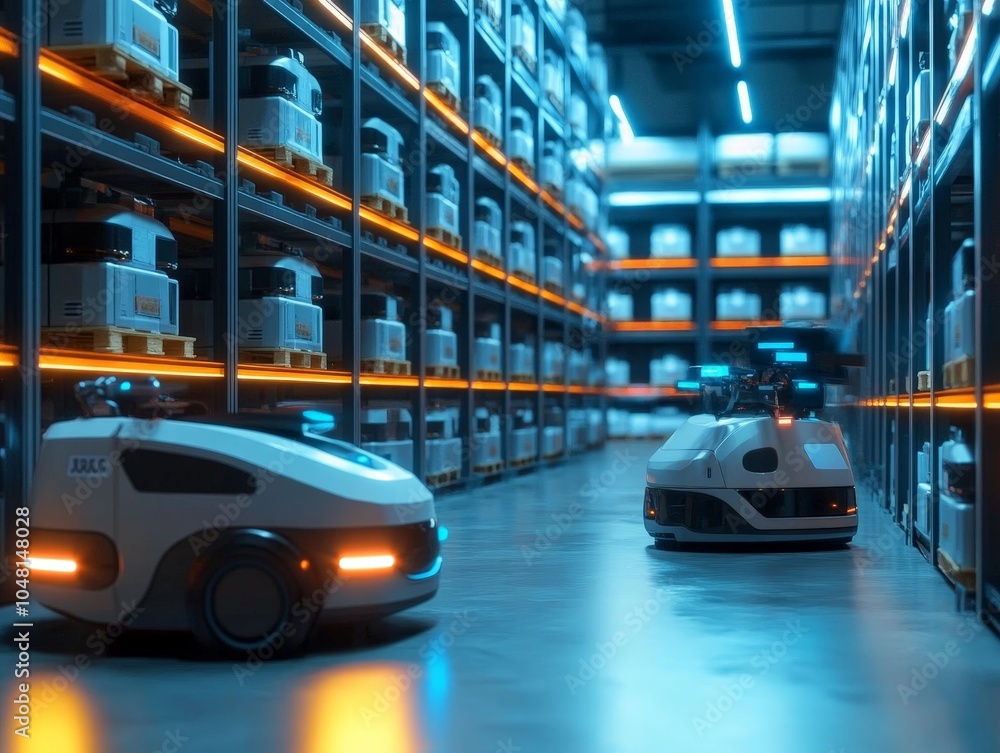 Poster a futuristic ai-powered warehouse where robots and drones collaborate to manage logistics and delive