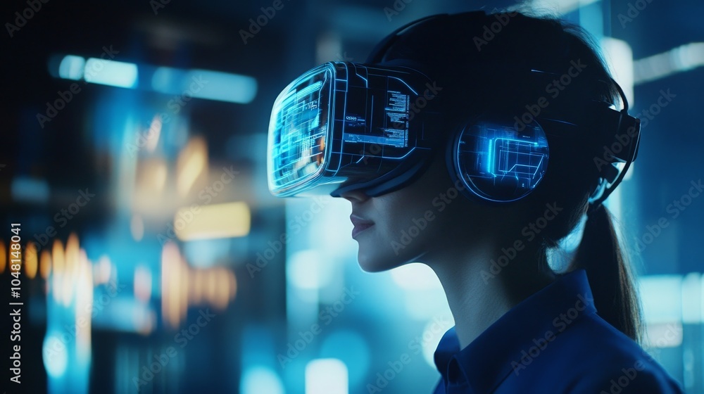 Poster a futuristic ai-driven virtual reality training program used by a company for employee development, 
