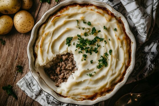 Detailed close-up of a vintage ceramic dish holding Hachis Parmentier, garnished with parsley. A serving has been taken out, exposing the juicy minced meat beneath the fluffy mashed potatoes, on a cla