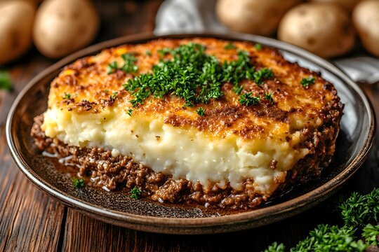 Detailed close-up of a vintage ceramic dish holding Hachis Parmentier, garnished with parsley. A serving has been taken out, exposing the juicy minced meat beneath the fluffy mashed potatoes, on a cla
