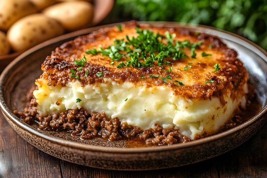 Detailed close-up of a vintage ceramic dish holding Hachis Parmentier, garnished with parsley. A serving has been taken out, exposing the juicy minced meat beneath the fluffy mashed potatoes, on a cla