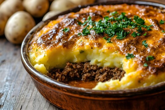Detailed close-up of a vintage ceramic dish holding Hachis Parmentier, garnished with parsley. A serving has been taken out, exposing the juicy minced meat beneath the fluffy mashed potatoes, on a cla