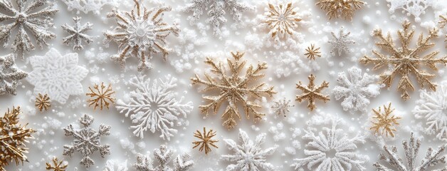 Festive winter background featuring elegant gold and silver snowflakes on a pristine white setting, embodying the 