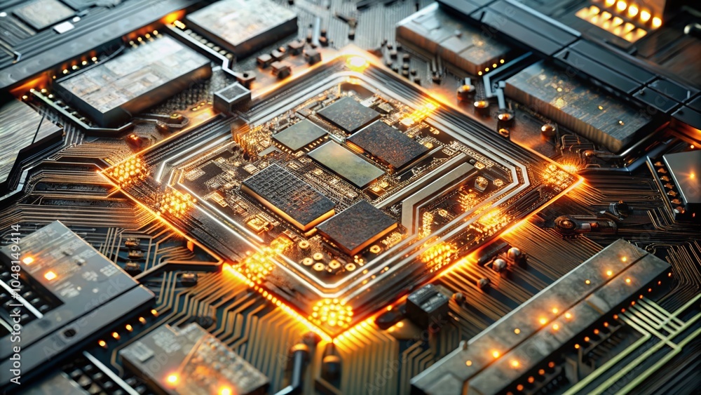 Poster Abstract Circuit Board with Glowing Orange Patterns for Modern Technology Backgrounds