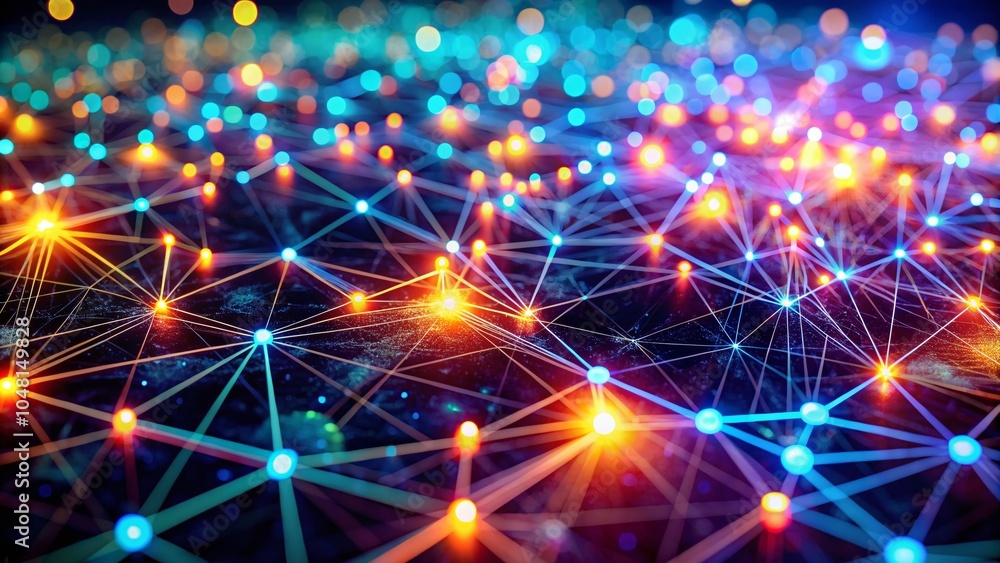Poster abstract cyberpunk network of glowing tech nodes in high-angle drone photography