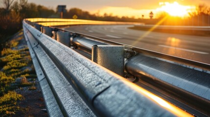 Fototapeta premium Close-up of Roadside Safety Barrier at Sunset