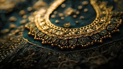 Intricately Designed Gold Necklace on Silk Fabric