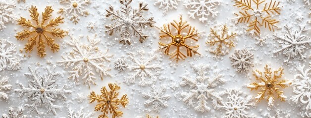Elegant golden and silver snowflakes on white background, perfect for festive holiday decorations and winter celebrations