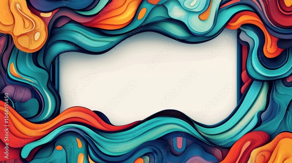 Poster bold abstract wavy border design featuring vibrant colors and a spacious blank center for versatile 