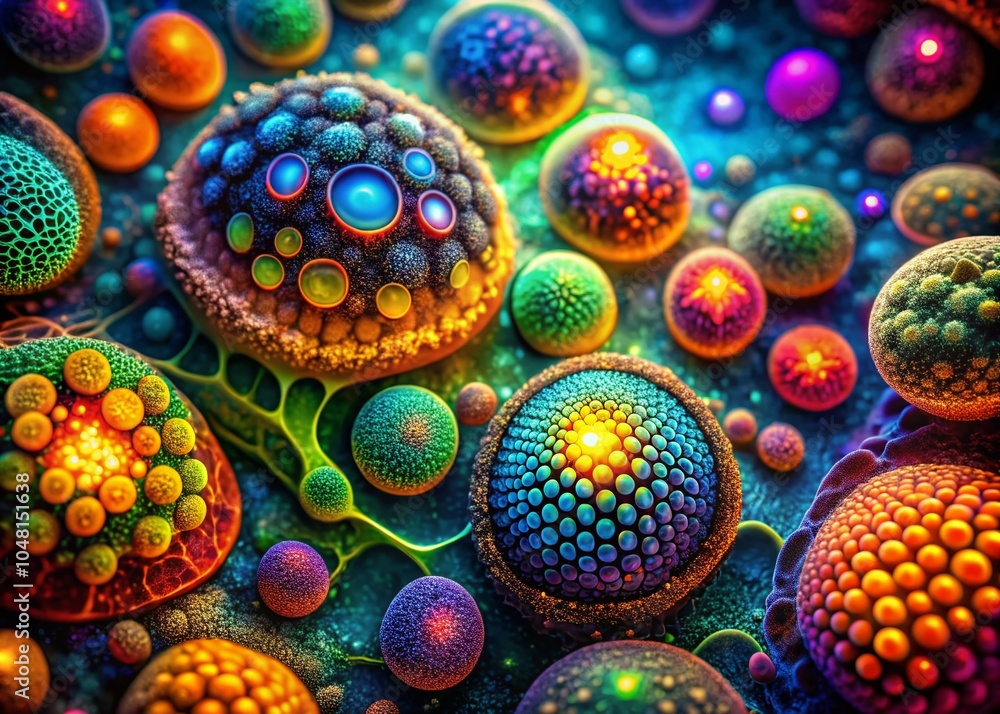 Poster abstract microscopic view of cells in high dynamic range, colorful patterns and textures, scientific