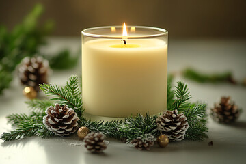 A serene, minimalistic image of a softly flickering candle surrounded by pine branches and pinecones, ideal for Christmas greeting cards or winter decor designs.