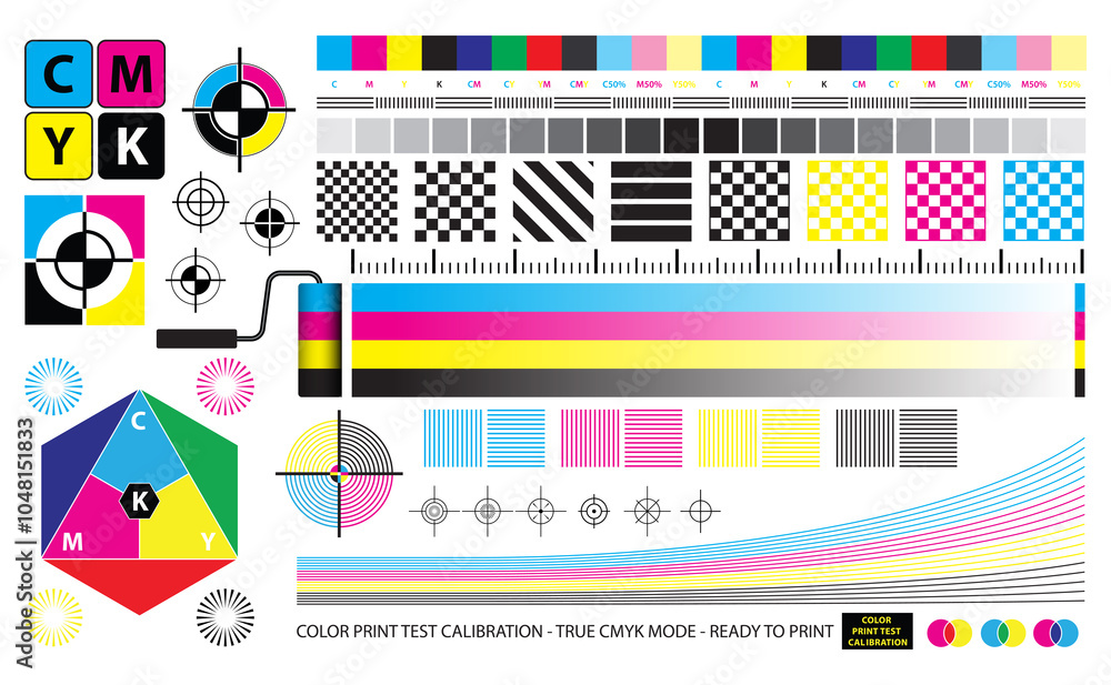 Poster set illustration of cmyk print test calibration chart for ctp printing.