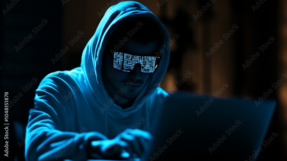 Poster a hacker sitting in a dark room, typing on a laptop with code reflecting on their face, representing