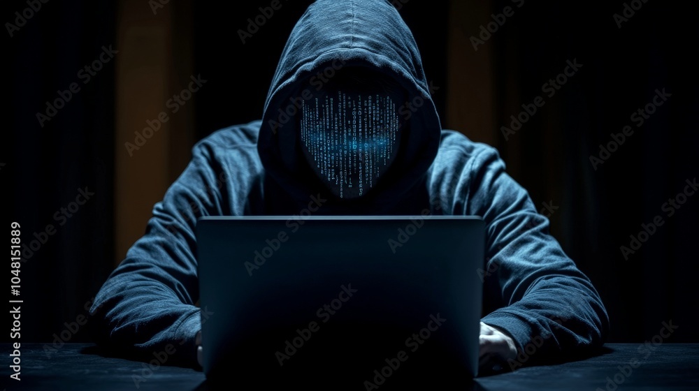 Poster a hacker sitting in a dark room, typing on a laptop with code reflecting on their face, representing
